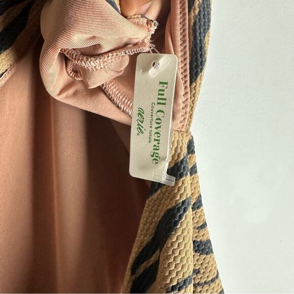 New Aerie Swimsuit Pique Zebra Animal Print Wrap One Piece Brown XXL - Picture 9 of 10